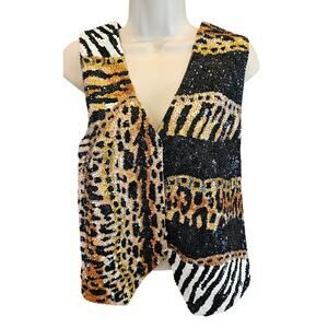 Vintage fashion glam sequins leapord animal print statement glam vest rodeo S +